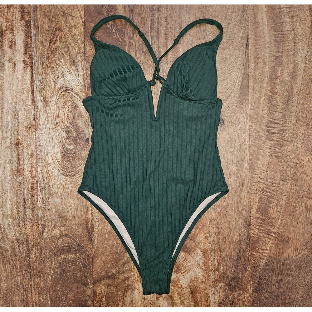 Shade & Shore Plunge Front V-Wire One Piece Swimsuit Womens S Dark Green Ribbed
